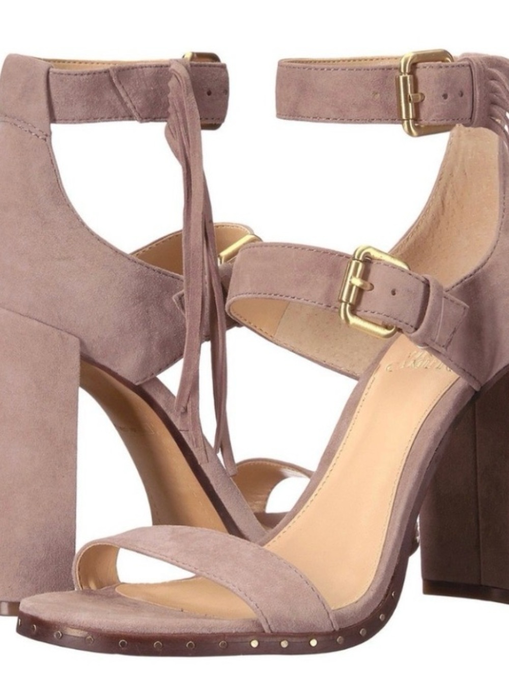 Vince Camuto Taupe Suede Block Heel Sandals with Ankle Ties